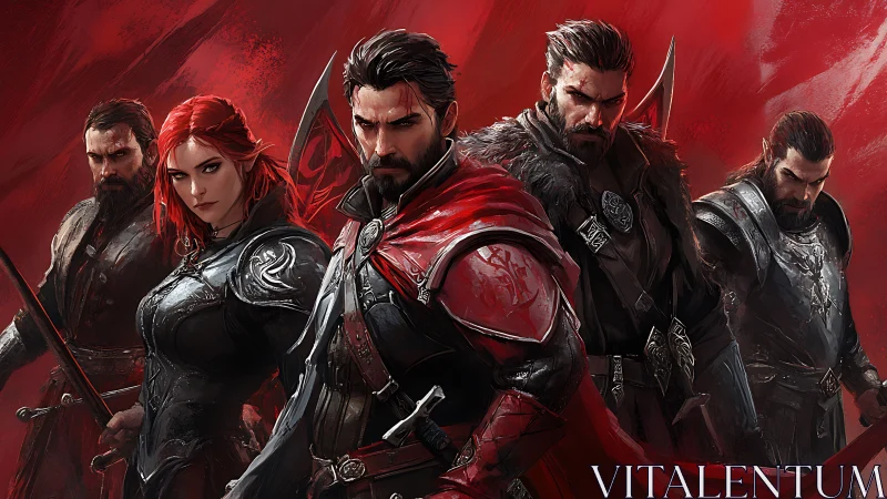 Warriors stand united in crimson-lit fantasy battlefield