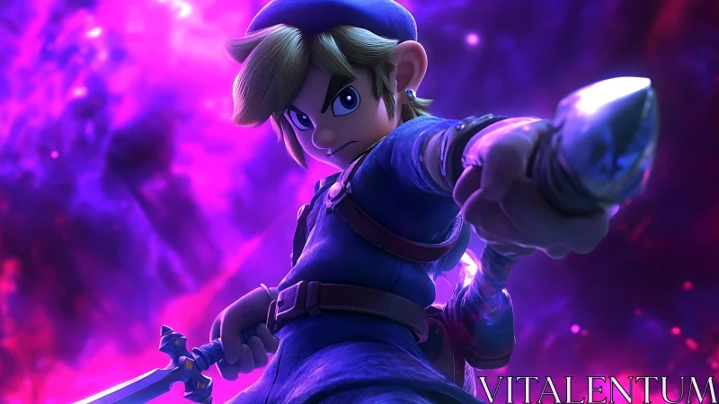 Cosmic swordsman lunges through neon starlit vortex. Period.