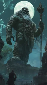Colossal moonlit guardian deity towers over ancient temple