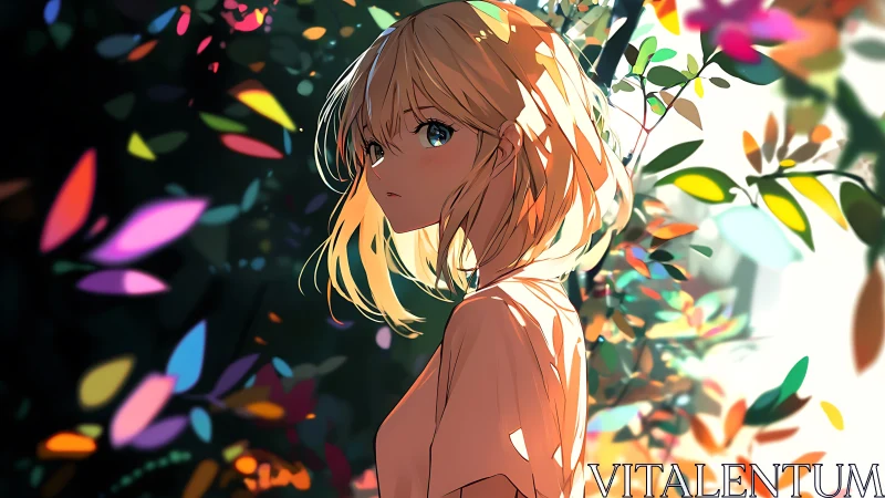 Backlit anime portrait isolates blonde girl in prismatic foliage