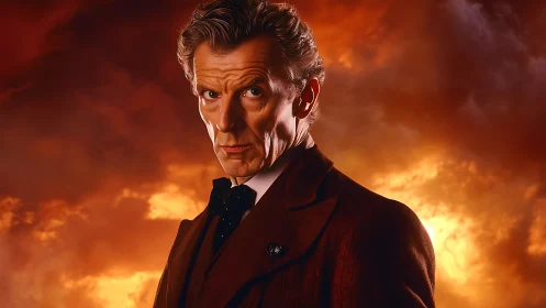 Brooding gentleman stands before burning stormy sunset sky