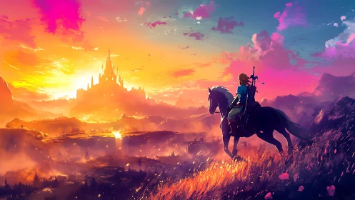 Sunlit rider pauses as a flaming horizon crowns distant spires