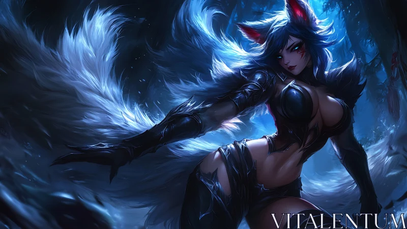 Anthropomorphic fox warrior with multiple tails in forest scene.