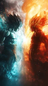 Fiery and icy anime warriors locked in cosmic standoff.