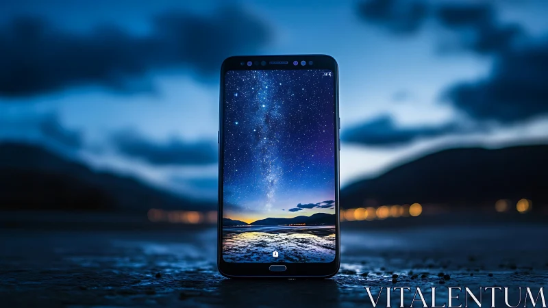 Photorealistic smartphone nightscape with centered symmetry framing.