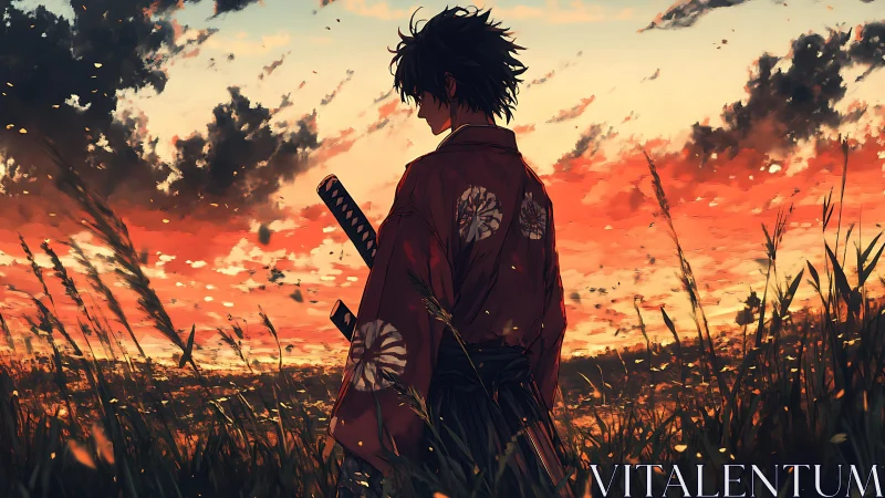 Solitary samurai silhouette in sunset grassland panorama