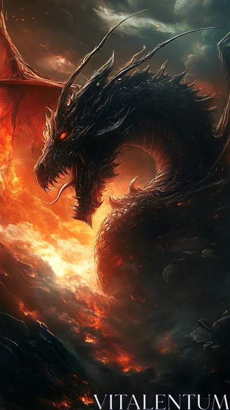Dark scaled dragon above fiery clouds in dramatic sky.