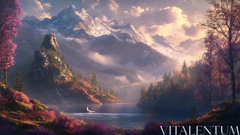 Swan glides through enchanted alpine sunrise of wild blooms.