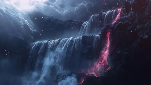 Molten Waterfalls Meet Frozen Cliffs in Fiery Cosmos.