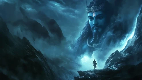 Mountain landscape with colossal blue deity face in clouds.