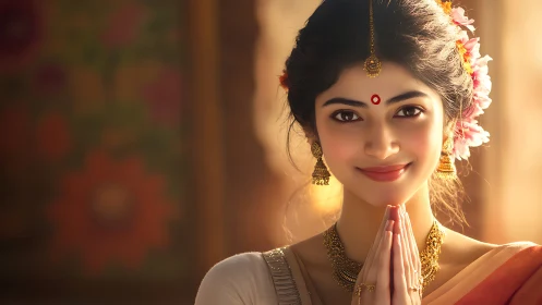 Traditional Indian Woman Greeting with Namaste in Warm Light Portrait.