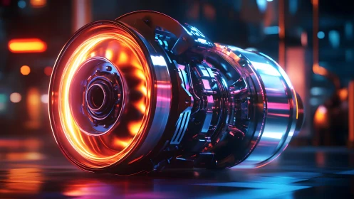 Futuristic glowing engine in neon-lit industrial setting, digital art.