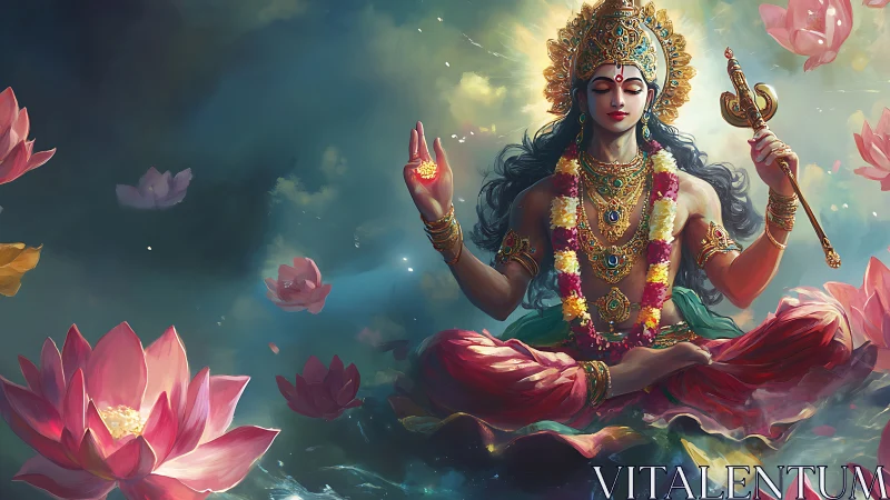 Divine figure meditates on lotus amid floating blossoms