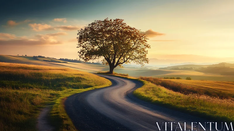 Sunlit country road curves toward a solitary tree at dusk.
