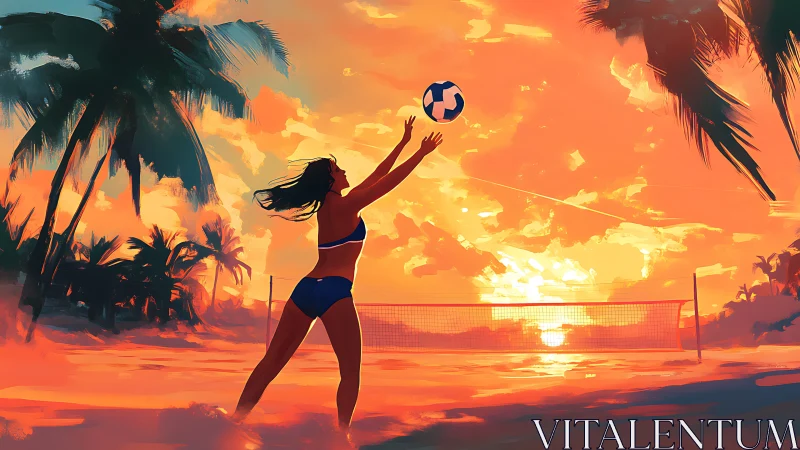 Sunset beach volleyball scene with dynamic female player.