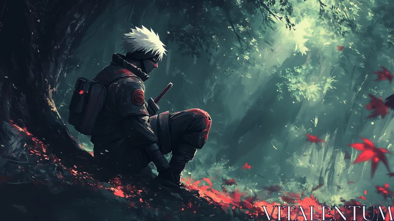 Solitary masked shinobi resting with katana in diffuse forest light