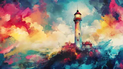 Vibrant seascape lighthouse under stormy abstract sky.