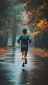Rear view of lone runner on wet autumn park path.