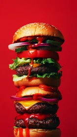 Stacked cheeseburgers arranged vertically against red background