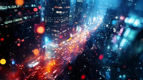 Rain soaked neon city avenue glows with dense traffic