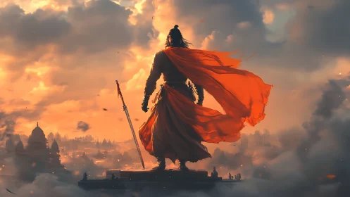 Storm-lit warrior in ember cloak above awakening citadel.