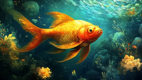 Golden daydreamer goldfish drifting through teal gardens.