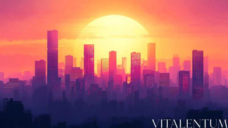 Neon sunset skyline over futuristic high rise cityscape.