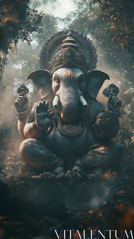 Mystical stone Ganesha idol amid mist-laden forest grove.