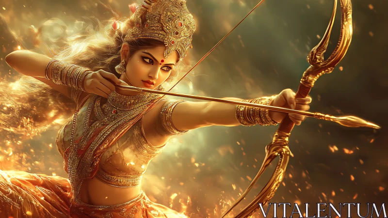 Divine warrior goddess with golden bow in blazing light.