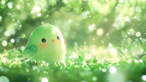 Luminous Chick Sits in Enchanted Green Meadow.