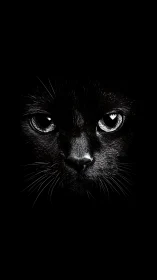 Black cat face with piercing eyes against dark background.