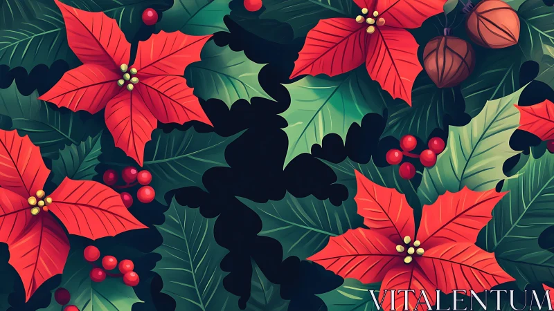 Cozy poinsettias and holly leaves in festive holiday bloom.