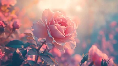 Luminous Pink Rose in Golden Hour Atmospheric Bokeh.