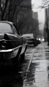 Vintage car waits in a rain-soaked, moody city street