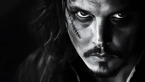 Brooding scarred man in stark monochrome close-up portrait.