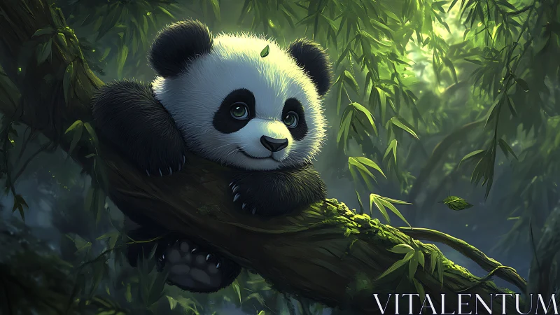 Cute baby panda resting on mossy jungle tree branch.