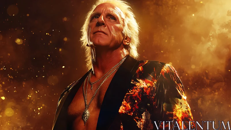Silver haired performer in fiery patterned jacket portrait.