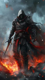 Hooded dark knight amid volcanic embers, digital painting focus.