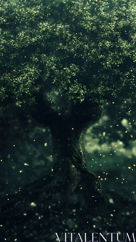 Enchanted forest tree glowing softly in drifting twilight.