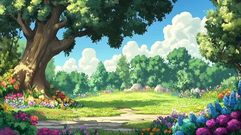 Landscape Forest Clearing with Large Tree and Flowers