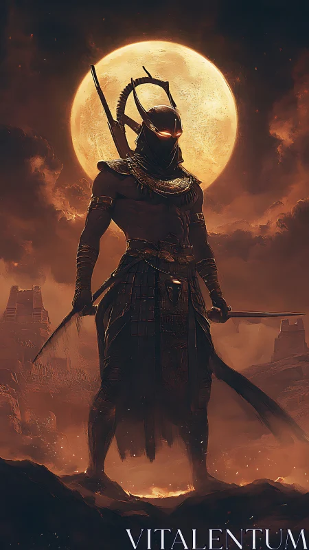 Armored desert warrior before full moon in burning dusk.