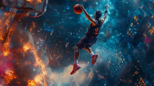 Basketball player dunks above fiery city nightscape.