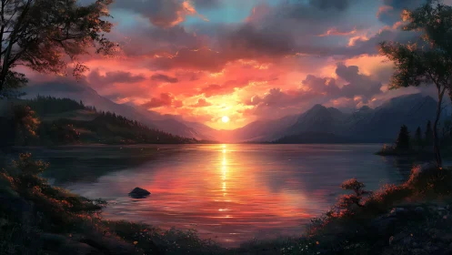 Radiant alpine lake sunset with reflective mountainscape glow