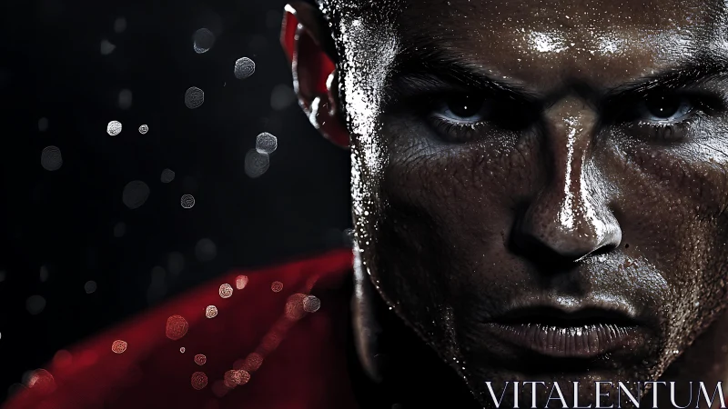 Close-up portrait shows intense, sweat-covered male face