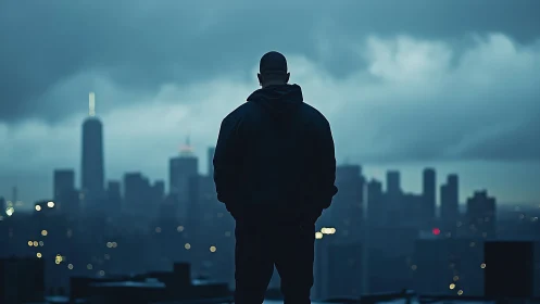 Solitary figure overlooking moody city skyline at dusk.