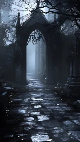 Gothic cemetery arch frames misted cobblestone passageway.