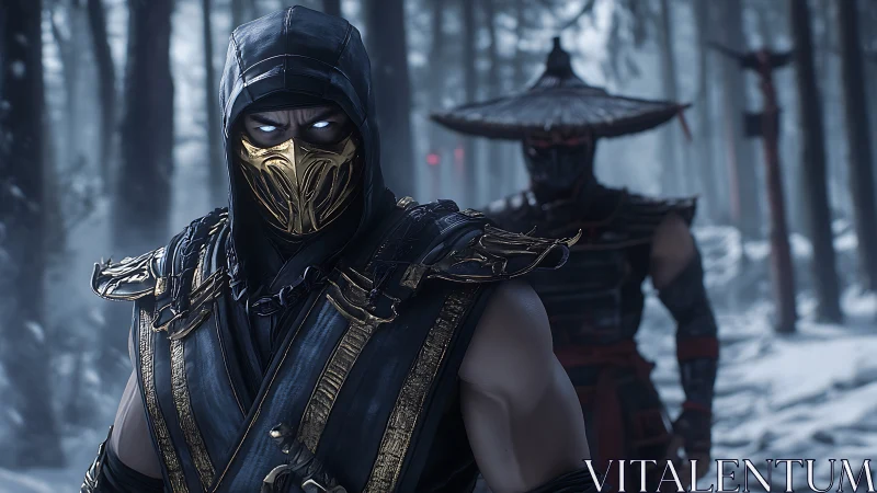 Masked warrior stands in snowy forest while fighter watches