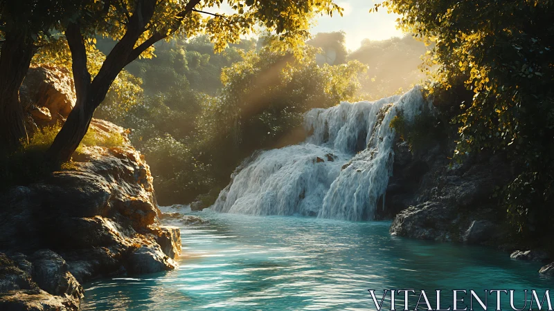 Sunlit forest waterfall over rocks into clear turquoise pool.