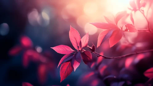 Red leaves branch in soft sunset backlight with bokeh glow