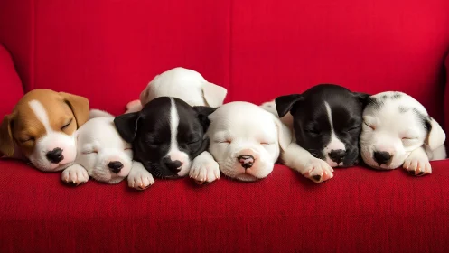Symmetrical row of sleeping multicolored puppies on red sofa